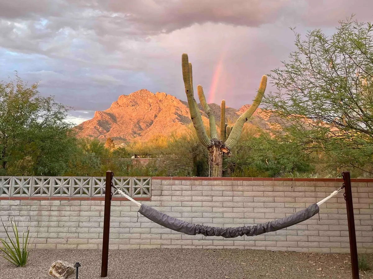 A cozy hammock strung between cacti in a desert garden, overlooking a dramatic mountain range with a faint rainbow arching above. The surrounding landscape features native flora, encapsulating the peacefulness and natural wonder unique to the Sonoran Desert.