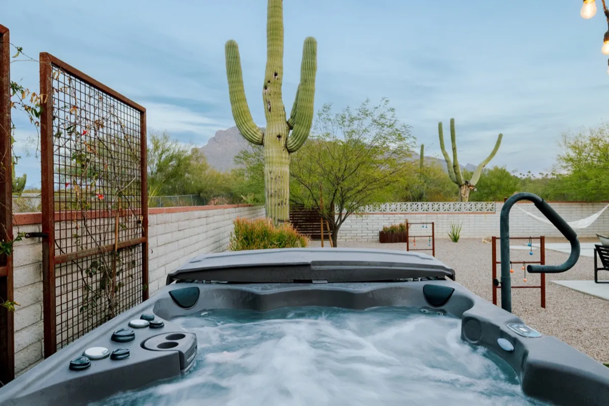 This image features a serene outdoor hot tub nestled among desert cacti, with sweeping mountain views in the background. The setting is tranquil, inviting, and perfectly suited for relaxation or socializing under the open sky.